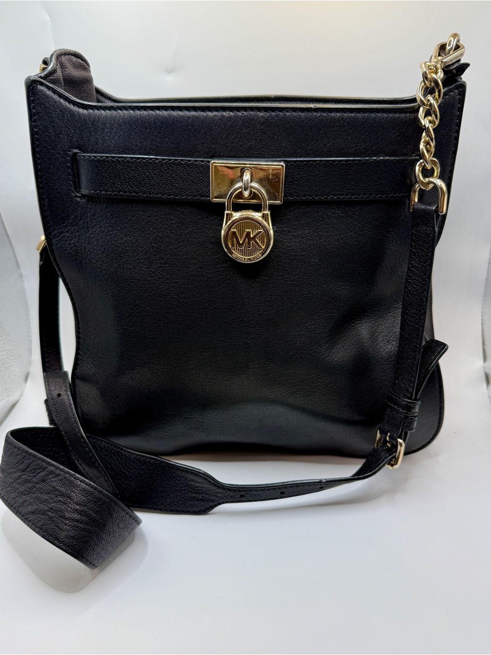 Michael Kors Black Leather Crossbody with Gold Chain & MK Charm